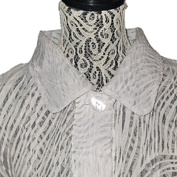 Sheer White Button-Down Blouse With Textured Abstract Pattern 3/4 Ruffled Sleeve - Picture 2 of 7